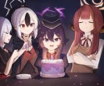  4girls absurdres apron aru_(blue_archive) birthday black_choker black_hair black_hoodie black_horns black_jacket blue_archive bright_pupils brown_apron brown_horns cake candle candlelight choker closed_eyes closed_mouth collared_shirt commentary_request confetti crossed_arms demon_horns earclip food garrison_cap grey_halo hair_ornament hairclip hakotheboxxx halo haruka_(blue_archive) hat highres holding holding_party_popper hood hoodie horns jacket kayoko_(blue_archive) long_sleeves low_horns multicolored_hair multiple_girls mutsuki_(blue_archive) neck_ribbon no_coat open_mouth orange_halo party_popper ponytail problem_solver_68_(blue_archive) proud purple_eyes purple_hair purple_halo purple_jacket red_eyes red_hair red_ribbon red_shirt ribbon shirt short_sleeves smile table two-tone_hair white_hair white_pupils white_shirt 