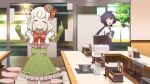  2girls absurdres alternate_universe araga_kiwi black_hair blonde_hair bow bowtie closed_eyes double_bun elbow_gloves gem girls_band_cry gloves green_gloves green_skirt grin hair_bun hat high-waist_skirt highres hiiragi_utena long_hair low_twintails magical_girl mahou_shoujo_ni_akogarete middle_finger mini_hat multiple_girls open_mouth puffy_short_sleeves puffy_sleeves purple_gloves purple_shirt red_bow red_bowtie scene_reference shirt short_sleeves skirt skyy459897 smile star-shaped_gem teeth twintails white_shirt yellow_eyes yellow_gem 
