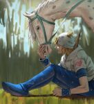  1boy absurdres black_eyes blonde_hair blue_lips blue_pants blue_shoes blurry blurry_background bridle closed_eyes commentary day feather_hair_ornament feathers from_side grass hair_ornament hair_through_headwear hat heart highres johnny_joestar jojo_no_kimyou_na_bouken on_ground outdoors pants ryo_(r9030397) shirt shoes short_sleeves sitting sleeves_rolled_up slow_dancer_(jojo) spotted_fur star_(symbol) steel_ball_run white_hat white_shirt wristband 