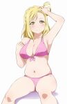  1girl ankara_(ko_ruto3) arm_up bikini blonde_hair blush breasts cleavage closed_mouth collarbone commentary eyelashes front-tie_bikini_top front-tie_top hand_in_own_hair love_live! love_live!_sunshine!! medium_hair navel ohara_mari pink_bikini simple_background sitting smile solo split_mouth stomach swimsuit white_background yellow_eyes 
