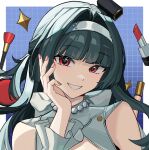  1girl absurdres astra_yao astra_yao_(chandelier) black_hair blunt_bangs commentary_request cosmetics hair_intakes highres hime_cut jewelry lipstick_tube looking_at_viewer necklace pearl_necklace red_eyes silver_hairband sleeveless smile solo yokana zenless_zone_zero 