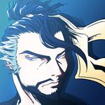  beard black_hair blue_background close-up commentary face facial_hair gradient gradient_background grey_eyes hanzo_(overwatch) long_hair looking_at_viewer male_focus overwatch ponytail portrait sijia_wang simple_background solo 