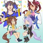  4girls ;) \m/ ^_^ animal_ears aqua_eyes ascot asymmetrical_footwear black_boots black_coat blue_hair blue_shirt boots bow bowtie brown_hair closed_eyes closed_mouth coat colored_inner_hair commentary daitaku_helios_(fun_fun_party_night)_(umamusume) daitaku_helios_(umamusume) dlanon ear_bow ear_ornament english_commentary epaulettes fang fingerless_gloves fur-trimmed_jacket fur_trim gloves green_bow green_bowtie green_shirt green_socks grin hair_between_eyes hair_bow horse_ears horse_girl horse_tail invisible_chair jacket long_hair mejiro_mcqueen_(frontline_elegance)_(umamusume) mejiro_mcqueen_(umamusume) mejiro_palmer_(line_breakthrough)_(umamusume) mejiro_palmer_(umamusume) midriff mismatched_footwear multicolored_hair multiple_girls navel one_eye_closed open_mouth pink_ascot pink_bow ponytail purple_eyes purple_gloves purple_hair shirt short_sleeves single_epaulette sitting skin_fang smile socks solo star_(symbol) streaked_hair striped_clothes striped_shirt tail tokai_teio_(peak_joy)_(umamusume) tokai_teio_(umamusume) two-tone_hair umamusume white_boots white_gloves white_jacket white_shirt white_streaks yellow_shirt 