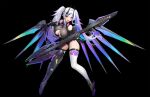  1girl absurdres arm_warmers bare_shoulders breasts cammy_(starward) cleavage_cutout clothing_cutout commentary_request gloves groin guitar highleg highleg_leotard highres horns huge_breasts instrument leotard long_hair mechanical_horns mechanical_legs mechanical_wings official_art panties prototype_design red_eyes rochs0010712504 solo starward thighhighs thighs twintails underwear white_hair wings 