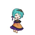  1girl :d back_bow bare_shoulders black_bow black_choker black_gloves black_outline black_tiara blush bow braid chibi chibi_only choker closed_eyes dress dress_bow elbow_gloves frilled_dress frills full_body game_asset gloves hair_ribbon hatsune_miku hatsune_miku_graphy_collection open_mouth orange_dress orange_shoes outline own_hands_together purple_ribbon purple_sash ribbon sash shoes side_braid smile solo standing striped_clothes striped_dress tiara transparent_background vertical-striped_clothes vertical-striped_dress vocaloid waist_sash 