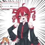  +_+ 2girls adachi_rei ahoge alternate_hairstyle bare_shoulders black_shirt black_skirt black_sleeves breast_pocket chibi commentary_request detached_sleeves double-parted_bangs hair_between_eyes hand_on_own_hip highres holding_detached_hair kasane_teto kasane_teto_(utau) light_blush milestone_celebration multiple_girls number_tattoo open_mouth orange_hair pleated_skirt pocket red_eyes red_hair red_trim severed_hair shirt shoulder_tattoo sidelocks simple_background skirt sleeveless sleeveless_shirt subnyu_to tattoo teeth translation_request upper_teeth_only utau white_background wing_collar 