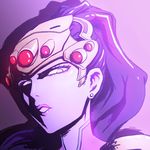  close-up commentary face from_below head_mounted_display lipstick long_hair looking_at_viewer looking_down makeup overwatch parted_lips ponytail portrait purple_background purple_hair purple_lipstick purple_skin sijia_wang simple_background solo widowmaker_(overwatch) yellow_eyes 
