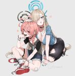  2girls ahoge asuna_(blue_archive) black_halo black_pants black_shirt black_shoes blonde_hair blue_archive blue_eyes blue_halo blue_shirt blush braid breasts choker cleavage commentary_request denim denim_shorts fangs fur-trimmed_shorts fur_trim hair_between_eyes hair_over_one_eye halo highres huge_ahoge indian_style jewelry jjigong_chigon kneeling large_breasts long_hair looking_at_viewer multiple_girls necklace neru_(blue_archive) open_mouth orange_hair pants parted_lips petting red_eyes red_shoes shirt shoes short_hair shorts single_braid sitting small_breasts sneakers thighs torn_clothes torn_pants very_long_hair 