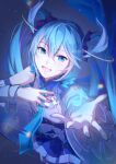  1girl 4nimenut :d artist_name ascot bare_shoulders black_thighhighs blue_eyes blue_hair blue_nails blue_necktie blue_skirt blue_theme blurry blush breasts collared_shirt commentary_request cowboy_shot depth_of_field detached_sleeves double-parted_bangs feather_hair_ornament feathers foreshortening frilled_sleeves frills from_above glowing grey_background hair_between_eyes hair_ornament hand_on_own_chest hands_up hatsune_miku hatsune_miku_expo highres light_particles long_hair looking_at_viewer looking_up miniskirt musical_note nail_polish necktie open_mouth pale_skin pleated_skirt reaching reaching_towards_another ribbed_shirt shirt shoulder_tattoo sidelocks simple_background single_hair_intake skirt sleeveless sleeveless_shirt small_breasts smile solo standing tattoo teeth thighhighs tie_clip twintails upper_teeth_only very_long_hair vignetting vocaloid white_ascot white_feathers white_shirt white_trim wide_sleeves 