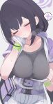  1girl belt black_hair blue_archive breasts closed_eyes closed_mouth collarbone commentary_request grey_shirt halo highres hone_kawa large_breasts long_hair low_twintails official_alternate_costume purple_belt purple_halo revision shirt short_sleeves shorts simple_background smile solo speech_bubble spoken_sparkle sumire_(blue_archive) sumire_(part-time)_(blue_archive) sweat twintails white_background white_shorts 