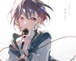  1girl bang_dream! bang_dream!_it's_mygo!!!!! blue_jacket brown_eyes cable chinese_commentary commentary_request earrings grey_hair hair_between_eyes highres holding holding_microphone jacket jewelry microphone open_clothes open_jacket open_mouth shirt short_hair simple_background solo takamatsu_tomori translation_request tumaomao white_background white_shirt 