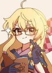  1girl ahoge bespectacled black_gloves blonde_hair blue_bow bow braid brown-framed_eyewear closed_mouth commentary_request glasses gloves hair_between_eyes hair_bow highres holding holding_notepad illust_atelier3 japanese_clothes kimono kirisame_marisa kirisame_marisa_(magician_at_the_hieda_residence) long_hair looking_at_viewer missing_headwear notepad one-hour_drawing_challenge orange_eyes pink_kimono side_braid smile solo touhou touhou_lostword upper_body 