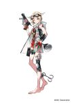  1girl absurdres arm_tattoo barefoot blonde_hair commentary_request copyright_logo copyright_notice fish_hook full_body gloves goggles gun hair_wings highres holding holding_gun holding_weapon hood hood_down jacket knee_pads logo looking_at_viewer mura_karuki official_art one-piece_swimsuit one_eye_closed original parted_bangs pouch red_gloves red_one-piece_swimsuit see-through_clothes see-through_jacket simple_background single_knee_pad smile solo swimsuit tattoo thigh_pouch weapon white_background 