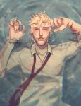 1boy blank_stare bleeding blonde_hair blood collared_shirt constantine_(series) cuts from_above half-closed_eyes hand_up highres injury john_constantine male_focus necktie parted_lips partially_submerged red_necktie ripples self-harm shirt short_hair solo upper_body valvelocitydefender white_shirt wrist_cutting 