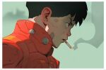  1boy akira_(manga) cigarette commentary english_commentary highres jacket kaneda_shoutarou_(akira) male_focus open_clothes open_jacket red_jacket smoke smoking solo upper_body vitaliy_shushko 