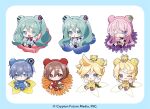  2boys 4girls :d :p ;< ;p blue_eyes blue_flower blue_hair blue_overalls blush brown_eyes brown_hair chibi chibi_only commentary_request company_name copyright_notice flower full_body green_eyes green_hair hatsune_miku kagamine_len kagamine_rin kaito_(vocaloid) long_hair long_sleeves megurine_luka meiko_(vocaloid) multiple_boys multiple_girls official_art one_eye_closed orange_flower overalls pink_hair puffy_long_sleeves puffy_sleeves purple_flower red_flower red_overalls sample_watermark shinoda_mame shirt sitting smile spiked_hair tongue tongue_out twintails very_long_hair vocaloid watermark white_flower white_shirt yellow_flower yellow_overalls 