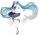 absurdly_long_hair bangs beamed_eighth_notes detached_sleeves eighth_note eyebrows_visible_through_hair full_body gradient_hair hair_ornament hatsune_miku holding ixima leg_up long_hair looking_at_viewer magical_mirai_(vocaloid) microphone multicolored_hair musical_note official_art open_mouth pleated_skirt simple_background skirt sleeveless smile solo tattoo thighhighs twintails very_long_hair vocaloid white_background white_legwear zettai_ryouiki 