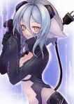  1girl ahoge animal_ears black_gloves black_shorts black_shrug bra breasts cleavage clothing_cutout cube cyberpunk electric_plug electric_plug_tail gloves grey_hair hair_between_eyes henya_the_genius henya_the_genius_(cyber_henya) highres horns indie_virtual_youtuber long_bangs looking_at_viewer mechanical_horns open_mouth sayania_x shorts shrug_(clothing) small_breasts solo stomach_cutout strapless strapless_bra tail underwear virtual_youtuber yellow_eyes 