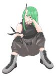  1girl ankle_boots arknights bare_shoulders black_boots black_pants black_shirt blush boots closed_mouth commentary_request full_body green_hair grey_boots hair_between_eyes hockcqqdmc6864 horns hoshiguma_(arknights) lace-up_boots long_hair looking_at_viewer pants shirt simple_background single_horn sitting sleeveless sleeveless_shirt solo white_background yellow_eyes 
