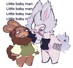  2026 3_fingers annoyed anthro balding beard belly black_clothing black_eyes black_handwear black_mittens bottomless bottomless_anthro bottomless_male brown_beard brown_body brown_facial_hair brown_fur brown_inner_ear brown_skin brown_tail cheek_pinch clothed clothed_anthro clothed_male clothing colored cross-popping_vein dialogue digital_drawing_(artwork) digital_media_(artwork) duo english_description english_text facial_hair featureless_crotch featureless_legs fingers fist fluffy fluffy_ears fluffy_tail fur green_clothing green_sweater green_topwear grey_ears grey_hair grey_tail hair handwear handwear_only head_wound hi_res insult insulting_another lagomorph lapinibernatus_(rabbids_invasion) larger_anthro larger_male light lighting long_ears mad_rabbid male male_anthro mammal mittens mittens_only mostly_nude mostly_nude_anthro mostly_nude_male multicolored_body no_eyebrows no_pupils noseless pink_belly pink_body pink_inner_ear pink_skin rabbid rabbids_invasion_(series) raving_rabbids rayman_(series) red_eyes scut_tail short_hair short_tail signature sillyhog simple_background size_difference smaller_anthro smaller_male smile smiling_at_another sweater tail talking_to_another teasing teeth text topwear two_tone_body ubisoft white_background wounded 