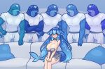  1girl 5boys bao_the_whale blue_hair breasts cetacean_tail choker cleavage commentary couch crossed_arms dress facial_mark fins fish_tail grin hair_between_eyes highres huge_breasts imminent_gangbang indie_virtual_youtuber limebreaker liquid_hair long_hair looking_at_viewer meme multiple_boys pants pillow piper_perri_surrounded_(meme) red_eyes shirt sitting smile tail thighs very_long_hair virtual_youtuber whale_boy whale_girl white_pants white_shirt 