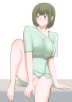  1girl atlus barefoot blush breasts brown_eyes brown_hair covered_nipples covering_crotch covering_privates devil_survivor_(series) devil_survivor_2 fl0t3 highres hospital_gown large_breasts megami_tensei nipples nitta_io no_panties sideboob 