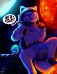 2025 4_fingers abdl american_flag anthro bent_legs blue_body blue_fur canid canine canis clothed clothing dialogue diaper earth english_text feces fingers floating fructoruu fur hi_res looking_at_diaper looking_down male mammal pawpads planet soiled_diaper solo space spacesuit sun text three-quarter_view unclean_diaper united_states_of_america used_diaper wearing_diaper wolf 