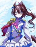  1girl animal_ears ascot blue_eyes blush breasts brown_hair buttons cape closed_mouth double-breasted epaulettes hair_between_eyes highres horse_ears horse_girl horse_tail jacket long_hair long_sleeves looking_at_viewer multicolored_hair multicolored_jacket pink_ascot ponytail poposhika red_cape single_epaulette single_hair_streak skirt small_breasts solo streaked_hair tail tokai_teio_(peak_joy)_(umamusume) tokai_teio_(umamusume) two-tone_hair two-tone_jacket two-tone_skirt umamusume white_hair white_jacket white_skirt white_streaks 