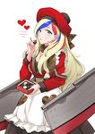  absurdres belt beret blonde_hair blue_eyes blue_hair box_of_chocolates brown_scarf chocolate commandant_teste_(kantai_collection) commentary_request english food happy_valentine hat heart highres holding holding_food kantai_collection long_hair long_sleeves morinaga_miki multicolored_hair open_mouth plaid plaid_scarf pom_pom_(clothes) red_hair scarf solo valentine white_background 