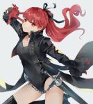  1girl black_boots black_leotard black_ribbon black_tailcoat boots breasts chain cleavage collarbone commentary_request gloves grey_background hair_ribbon leotard long_hair persona persona_5 ponytail red_eyes red_gloves red_hair ribbon seri_(yuukasakura) signature simple_background solo sword thigh_boots v violet_(persona_5) weapon yoshizawa_kasumi 