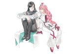  2girls anne_(path_to_nowhere) arms_on_knees bag belt black_belt black_boots black_hair black_unitard boots braid coat commentary_request glasses gloves grey_eyes hat iron_(path_to_nowhere) jrnc23 korean_commentary long_hair long_sleeves multiple_girls nurse_cap path_to_nowhere pink_eyes pink_hair prosthesis prosthetic_arm red_gloves red_shoes shoes single_braid smile thigh_boots very_long_hair white_bag white_coat yuri 