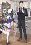  1boy 2girls absurdres animal_ears black_hair black_jacket black_pants blue_eyes blue_necktie blue_ribbon blurry blurry_background blush brown_hair brown_shoes cheval_grand_(umamusume) closed_mouth commentary_request ear_covers ekkusuren hair_ribbon hat highres holding holding_phone horse_ears horse_girl horse_tail indoors jacket loafers long_sleeves multicolored_hair multiple_girls necktie no_eyes open_door open_mouth pants peaked_cap peeking_out phone pleated_skirt purple_shirt ribbon sailor_collar sailor_shirt school_uniform shirt shoes short_hair short_hair_with_long_locks sidelocks single_ear_cover skirt standing standing_on_one_leg streaked_hair suit tail tail_through_clothes thighhighs thighs tracen_school_uniform trainer_(umamusume) translation_request twintails umamusume vivlos_(umamusume) white_hat white_sailor_collar white_skirt white_streaks white_thighhighs 