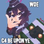  1girl black_hair blue_archive blue_background c4 commentary deep_rock_galactic english_text explosive garrison_cap hair_ornament hairclip halo haruka_(blue_archive) hat jupiter1390 long_hair long_sleeves looking_at_viewer meme microsoft_paint_(medium) purple_eyes purple_hair purple_halo simple_background solo throwing untranslatable_commentary woe_plague_be_upon_ye_(meme) 