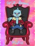  3_toes 4_fingers ambiguous_gender black_ears blue_body blue_eyes blue_fur blue_hair chair clothing coat dewott digital_media_(artwork) feet fingers fur furniture generation_5_pokemon hair head_tuft hi_res ibispaint_(artwork) nintendo nonbinary_(lore) pokemon pokemon_(species) pokemorph ponytail psykwol red_clothing red_coat red_topwear solo sprig_dynamo_(psykwol) throne toes topwear tuft whiskers white_whiskers 