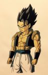  1boy abs arms_at_sides black_eyes black_hair clenched_hands dragon_ball dragon_ball_super dragon_ball_super_broly expressionless frown gogeta lee_(dragon_garou) male_focus muscle pants shaded_face shirtless short_hair simple_background spiked_hair upper_body waistcoat white_pants 