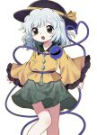  1girl black_hat buttons commentary_request contrast_collar diamond_button floral_print green_eyes green_hair hair_between_eyes hat hat_ribbon highres komeiji_koishi long_sleeves open_mouth ribbon shirt simple_background solo teeth third_eye touhou upper_teeth_only white_background wide_sleeves yamadainari yellow_ribbon yellow_shirt 