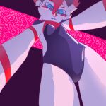 1:1 anthro bat blue_eyes breasts bunny_costume canid canine canis clothing costume dominant female fur hybrid latex latex_clothing mammal red_body red_fur solo standing white_body white_fur wolf wolfdog