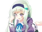  1girl bandaged_fingers bandages birthday blue_ribbon green_hair hairband happy_birthday heaven_burns_red jacket long_hair mole mole_under_eye mole_under_mouth murofushi_risa open_clothes open_jacket purple_eyes purple_jacket ribbon simple_background upper_body user_tuje8334 white_background 