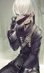  1boy blindfold_removed blue_eyes gloves miyuki_ruria nier_(series) nier_automata solo white_hair yorha_no._9_type_s 