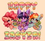 absurd_res blush curly_hair earth_pony easter easter_egg egg equid equine female feral friendship_is_magic group gummy_(mlp) hair hasbro hi_res holidays horn horse male mammal my_little_pony mythological_creature mythological_equine mythology pegasus pinkie_pie_(mlp) polnocnykot pony rainbow_dash_(mlp) simple_background smile spike_(mlp) tank_(mlp) trio twilight_sparkle_(mlp) unicorn wings