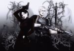  1boy 1girl ada_wong belt bob_cut chest_holster cowboy_shot dress fingerless_gloves gloves greyscale gun handgun highres holding holding_gun holding_weapon knife_sheath leon_s._kennedy looking_at_viewer monochrome resident_evil resident_evil_4 sheath short_hair shotgun sword thorns turtleneck turtleneck_dress two-handed victrbl weapon 