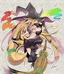  adhesive_bra anho ass blonde_hair bra braid breasts broom cleavage green_eyes grin hat highres large_breasts long_hair majo_to_hyakkihei metallica_(majo_to_hyakkihei) smile solo twin_braids underwear very_long_hair witch witch_hat 