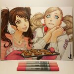  2girls alternate_costume apron art_tools_in_frame baking_sheet biting_own_lip blonde_hair blue_eyes brown_eyes brown_hair chocolate_chip_cookie commentary cookie earrings english_commentary floral_print_apron food hair_ornament hair_tie hairclip hairstyle_connection hands_up heart heart_necklace holding holding_tray hood hoodie in-franchise_crossover jewelry lips long_hair looking_at_viewer multiple_girls necklace omar_dogan open_mouth oven_mitts own_hands_together parted_lips persona persona_4 persona_5 photo_(medium) pink_shirt shirt signature simple_background smile sphere_earrings striped_clothes striped_shirt traditional_media tray twintails upper_body white_apron white_background white_hoodie 