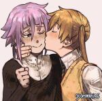  1boy 1girl black_robe blush brown_sweater_vest brown_vest closed_eyes collared_shirt crona_(soul_eater) dress_shirt hand_on_another's_cheek hand_on_another's_face highres kiss kissing_cheek long_sleeves looking_at_another maka_albarn necktie pink_eyes pink_hair robe shirt short_twintails simple_background smile soul_eater striped_clothes striped_necktie sweater_vest twintails upper_body vemmies vest white_shirt 