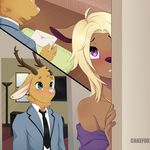  anthro antlers blush cake-fox canine clothing digital_media_(artwork) duo fur hair horn lagomorph looking_at_viewer male mammal open_mouth purple_eyes smile teeth tmack uniform white_fur zera_(zerarick) 