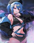  1girl alternate_costume bikini black_bikini black_hat black_jacket blonde_hair blue_bikini blue_hair blue_wings breasts commentary_request cowboy_shot demon_girl demon_wings duel_monster ebi_bento evil_twin_lil-la hat highres jacket large_breasts lil-la_(yu-gi-oh!) live_twin_lil-la multicolored_hair purple_eyes solo streaked_hair swimsuit twintails two-tone_hair wings yu-gi-oh! 