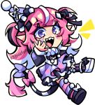  1girl black_ribbon bow camila_(cami_3.0)_(vtuber) camila_(vtuber) chibi commentary dress english_commentary facial_mark hair_ribbon hat indie_virtual_youtuber long_hair mini_party_hat multicolored_hair open_mouth party_hat pink_hair pointy_ears purple_eyes ribbon solo streaked_hair tail tail_bow tail_ornament triangle triangle_facial_mark virtual_youtuber white_background white_ribbon white_streaks x3dustco 