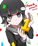  1girl artist_self-insert atena_fumei barcode black_eyes black_hair black_serafuku closed_mouth confetti english_text facial_mark from_above gradient_hair grey_sailor_collar grey_skirt hair_ornament highres holding holding_trophy letter_hair_ornament mixed-language_commentary multicolored_hair neckerchief original pleated_skirt sailor_collar school_uniform serafuku simple_background skirt solo symbol-shaped_pupils thank_you trophy white_background white_hair white_neckerchief 