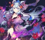  1girl animal_ears blue_eyes breasts cleavage fire flower fox_ears granblue_fantasy hair_flower hair_ornament large_breasts long_hair looking_at_viewer parted_lips purple_fire silver_hair socie_(granblue_fantasy) solo soriya 