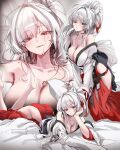  1girl absurdres barefoot blush breasts cleavage commentary furuming1 hair_intakes hair_ribbon hakama hakama_skirt highres hiyuki_(wuthering_waves) id_card japanese_clothes jewelry kimono large_breasts long_hair looking_at_viewer lying mole mole_on_shoulder multiple_views necklace off_shoulder on_stomach ponytail red_eyes red_hakama red_ribbon ribbon skirt smile the_pose untranslatable_commentary white_hair white_kimono wuthering_waves 